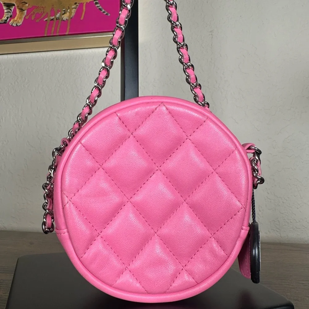 Authentic CHANEL Hot Pink Quilted Round Crossbody Bag